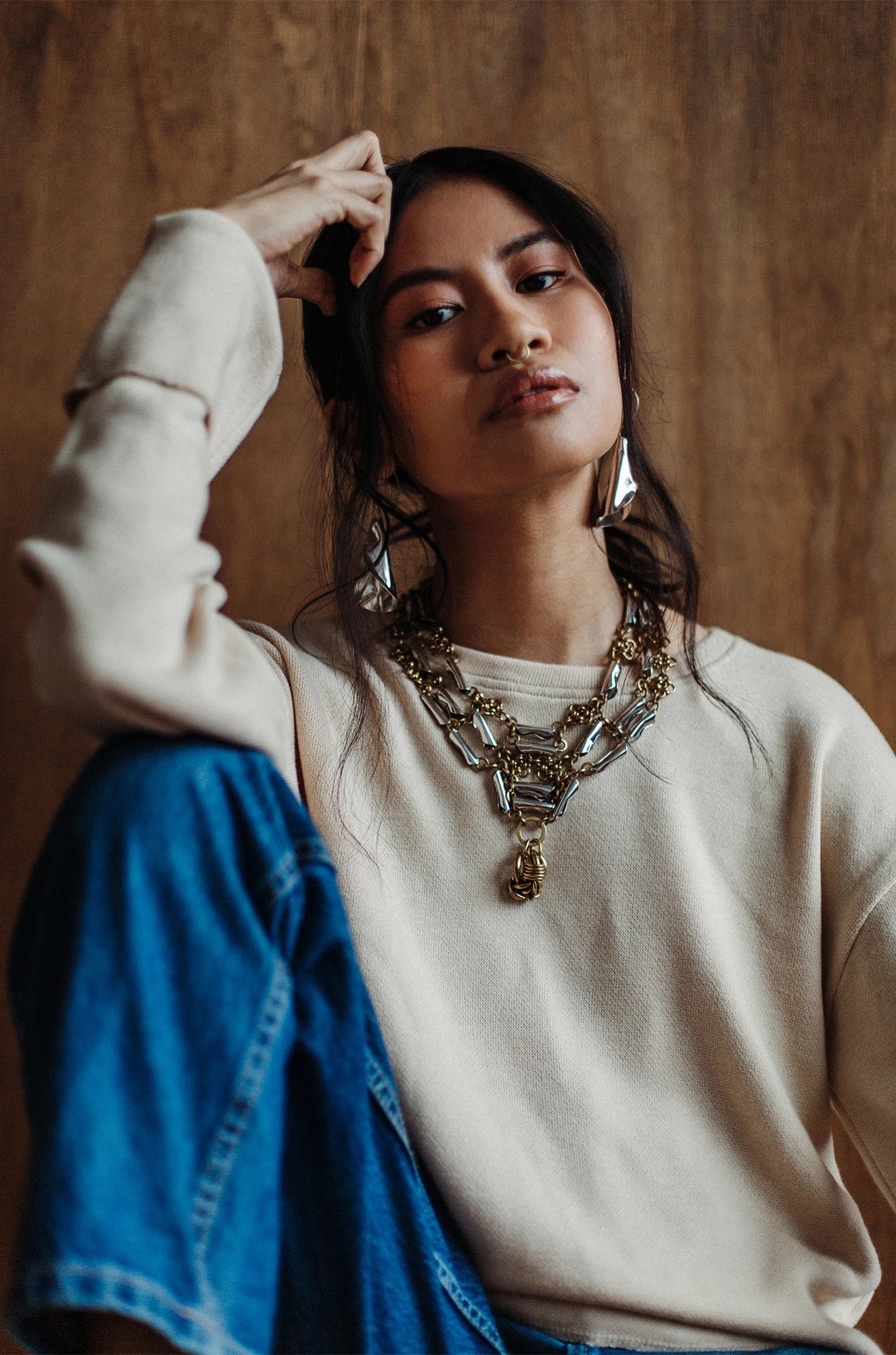 Michelle Ross Milona Brass and Silver Necklace Rosa Silver Earrings