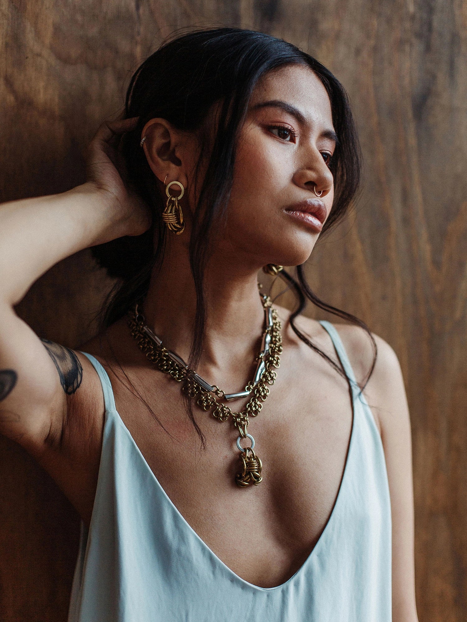 Michelle Ross Maelo Lookbook Musette Necklace and Mian Brass Earrings