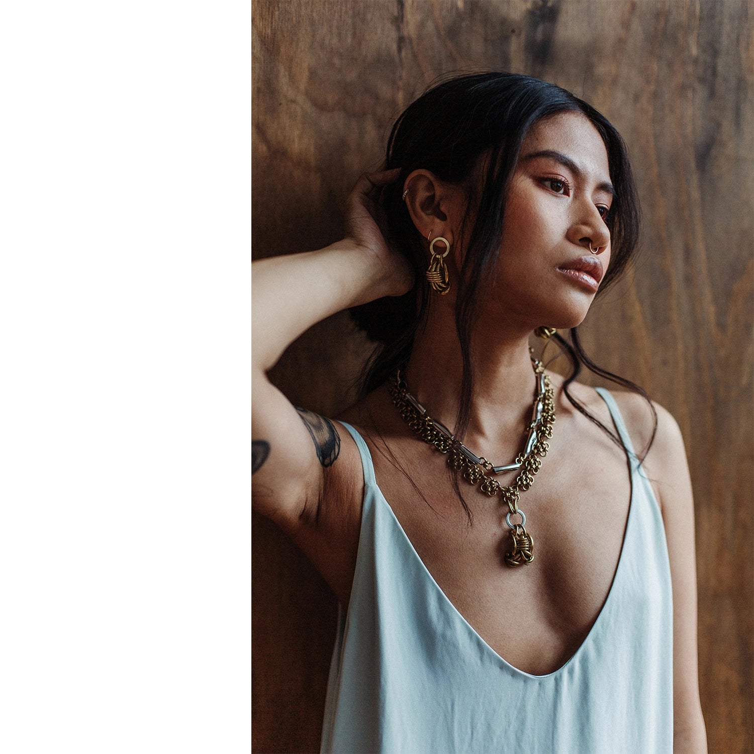 Michelle Ross Maelo Collection Musette Necklace and Mian Brass Earrings