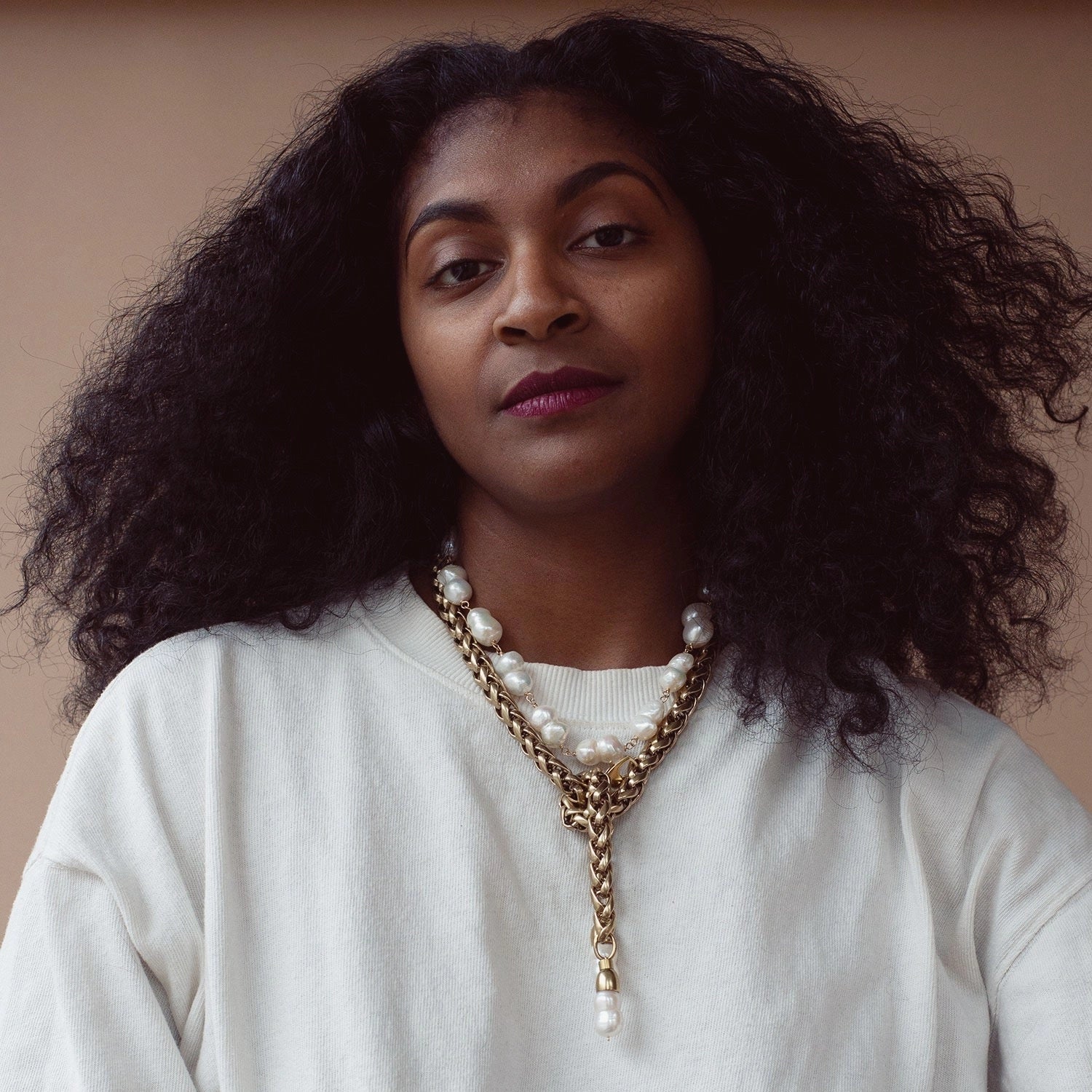 Michelle Ross Toni Pearl Lariat Brass Rope Necklace and Tula Stranded Baroque Pearl Necklace