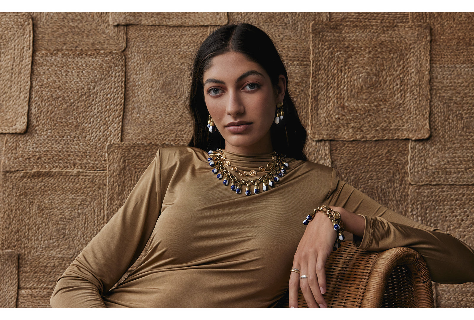 Michelle Ross Roz Resin and Brass Bracelet, Ellison Resin and Brass Earrings and Romy Resin and Brass Necklace with Rae Brass Necklace