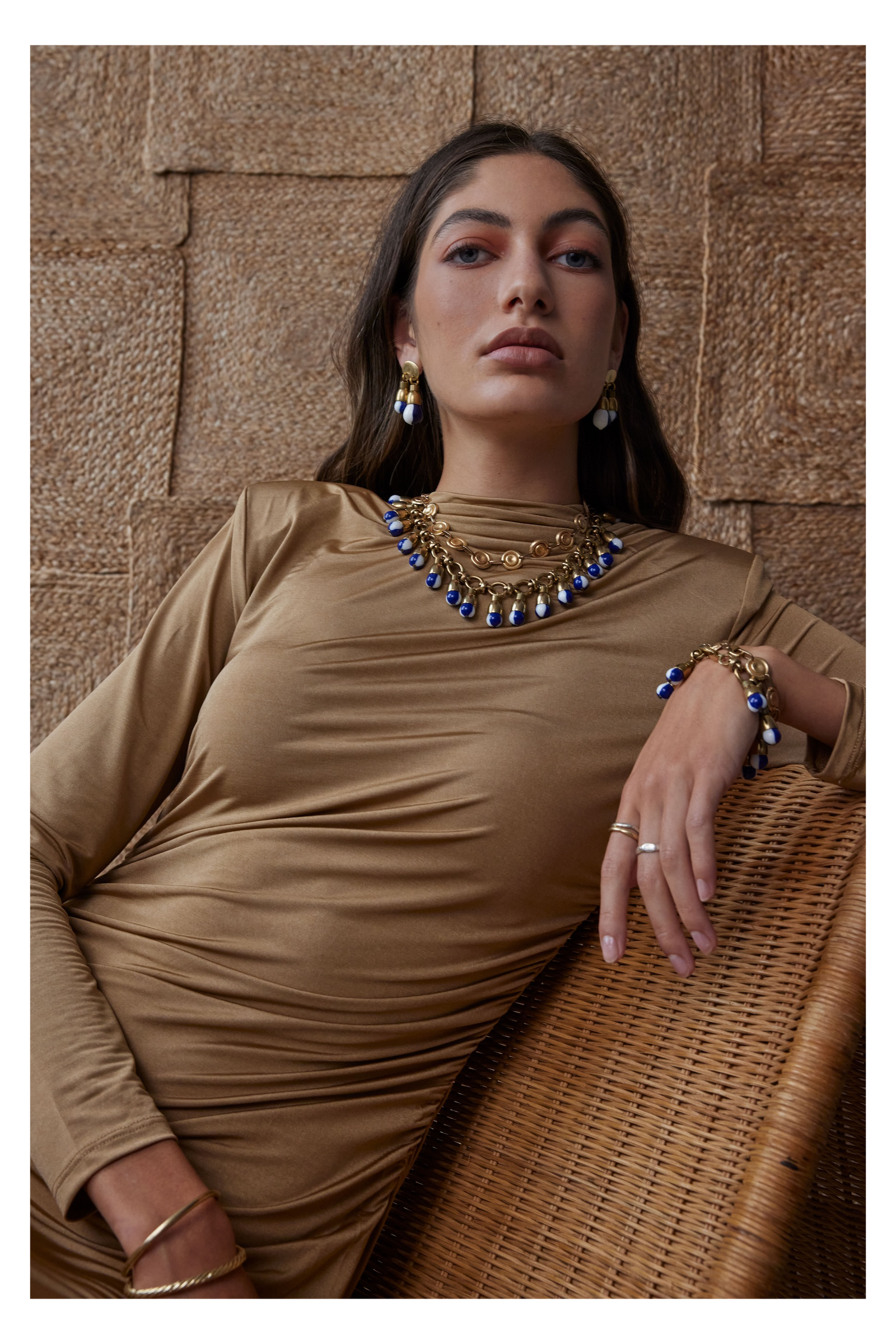 Michelle Ross Roz Resin and Brass Bracelet, Ellison Resin and Brass Earrings and Romy Resin and Brass Necklace with Rae Brass Necklace