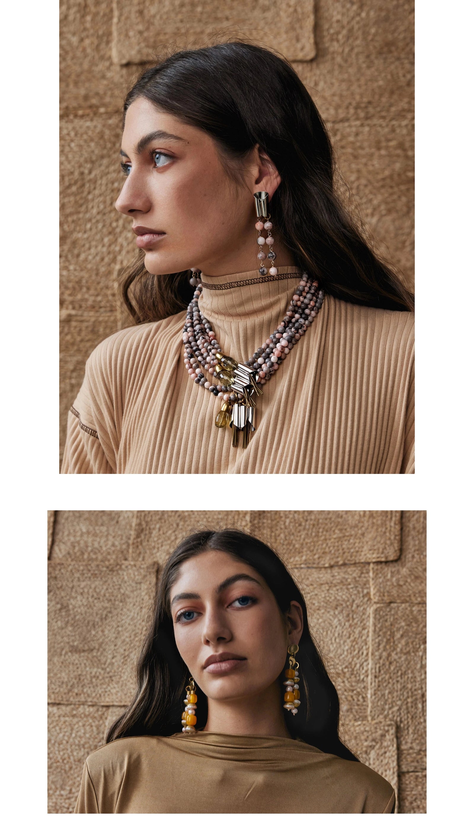 Michelle Ross Silas Pink Zebra Jasper Earrings and Sofra Pink Zebra Jasper Necklace and Ellison Resin Daybreak Earrings