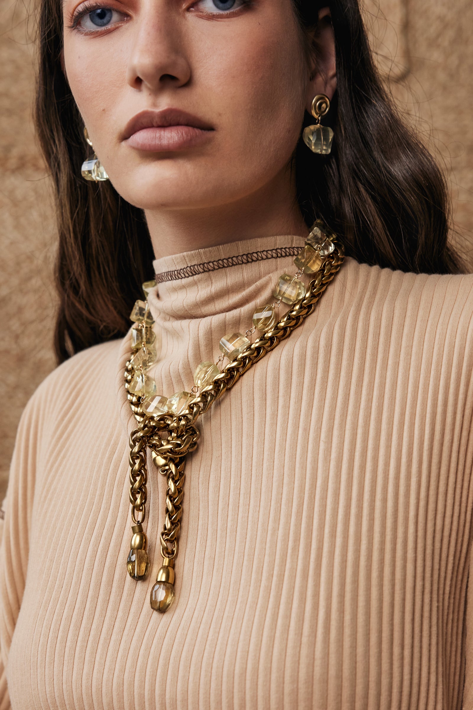 Michelle Ross Tula Lemon Quartz Necklace and Toni Chain Lariat Necklace