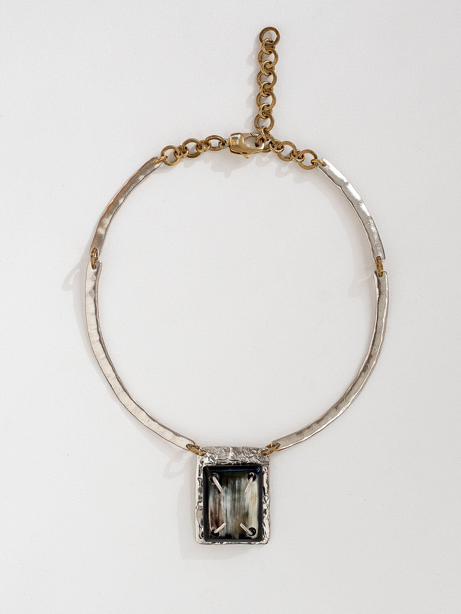 Muir Sterling Silver Solid Collar Necklace with rectangular silver and horn pendant with brass details by Michelle Ross