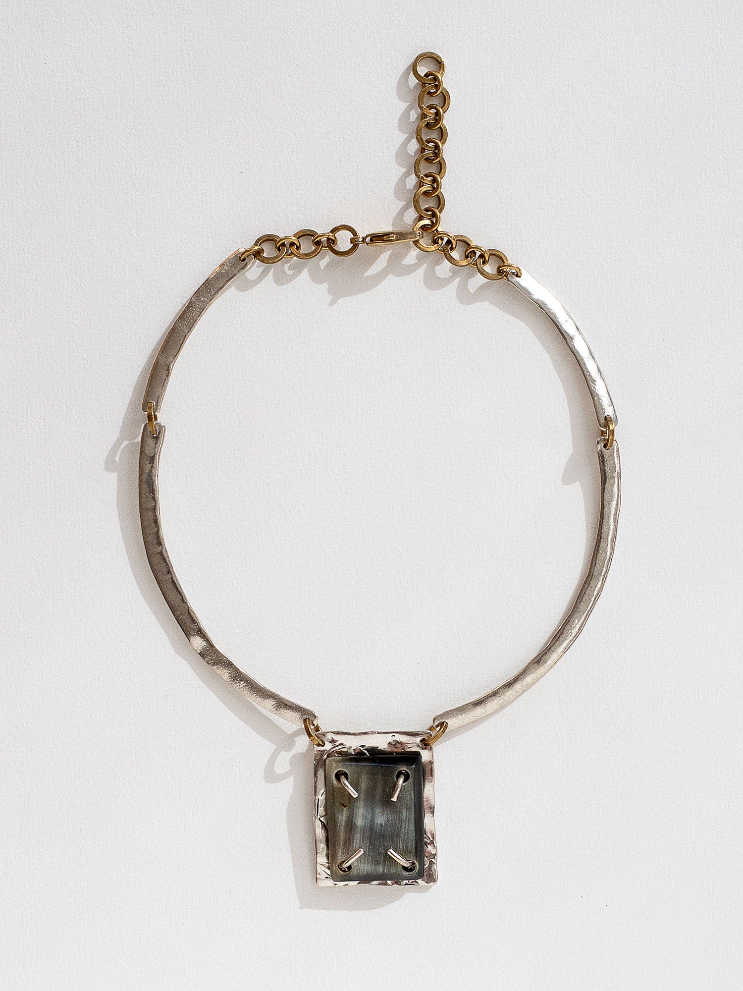 Muir Sterling Silver Solid Collar Necklace with rectangular silver and horn pendant with brass details by Michelle Ross