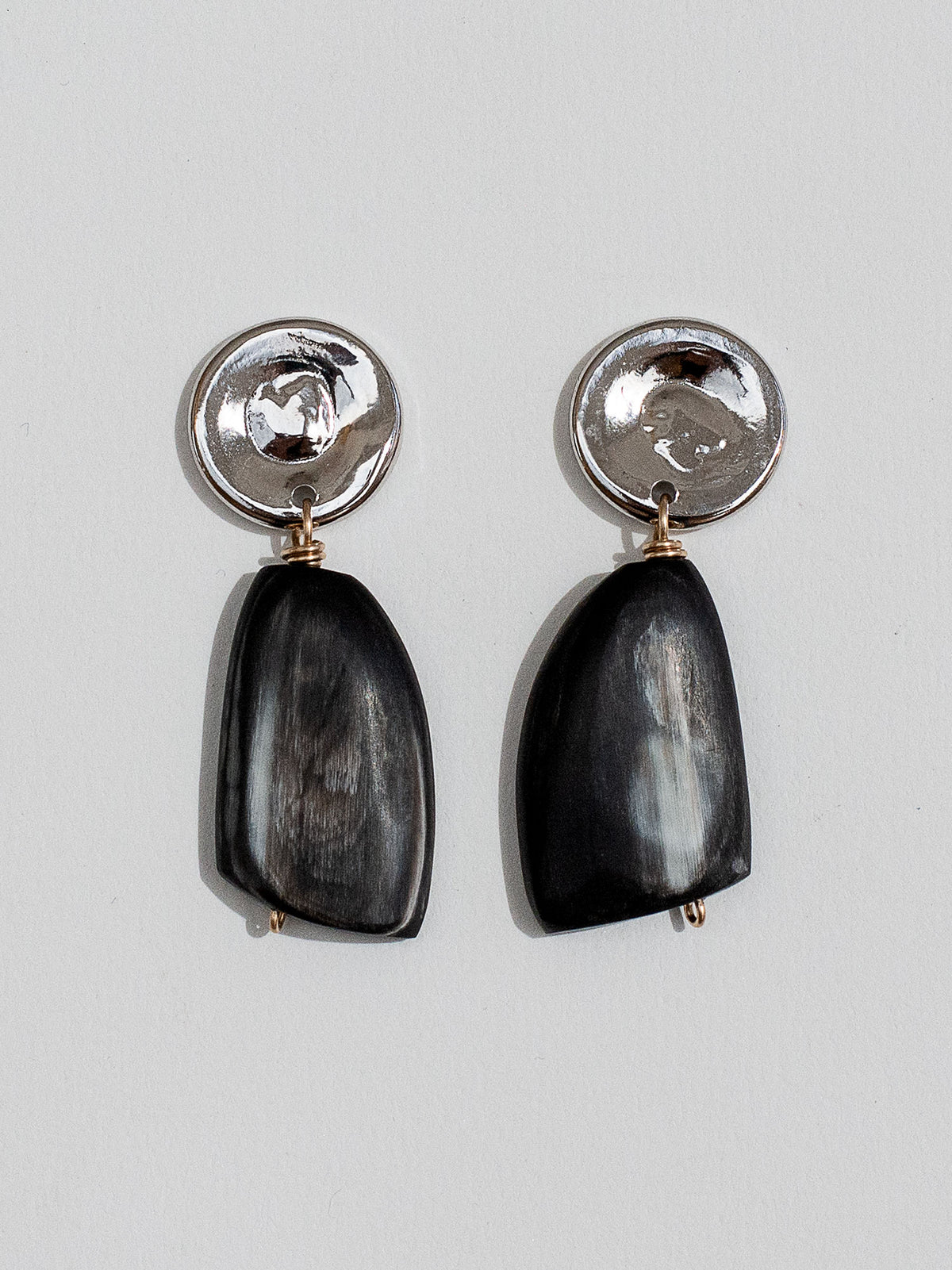 Nann Silver Discs and Black Horn Drop Statement Earrings by Michelle Ross