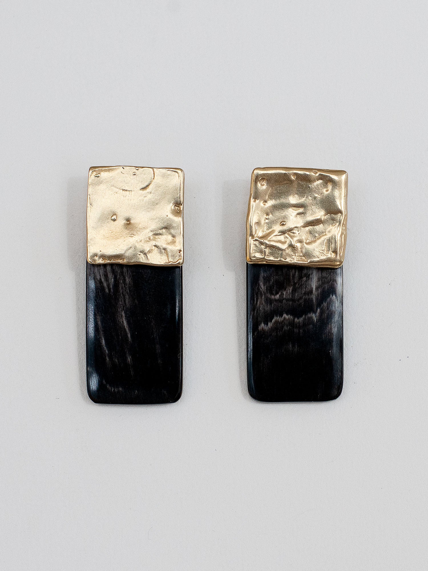 Ora Black Horn & Brass Stud Rectangular Statement Earrings by Michelle Ross