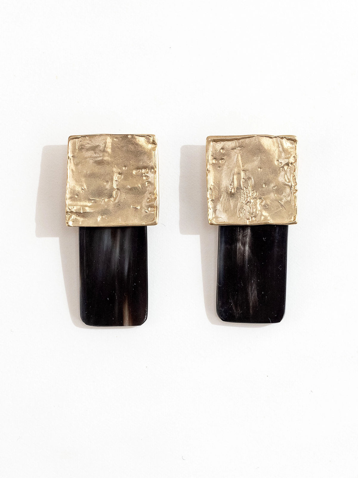 Pair of Black Horn &amp; Brass Stud Rectangular Statement Earrings by Michelle Ross