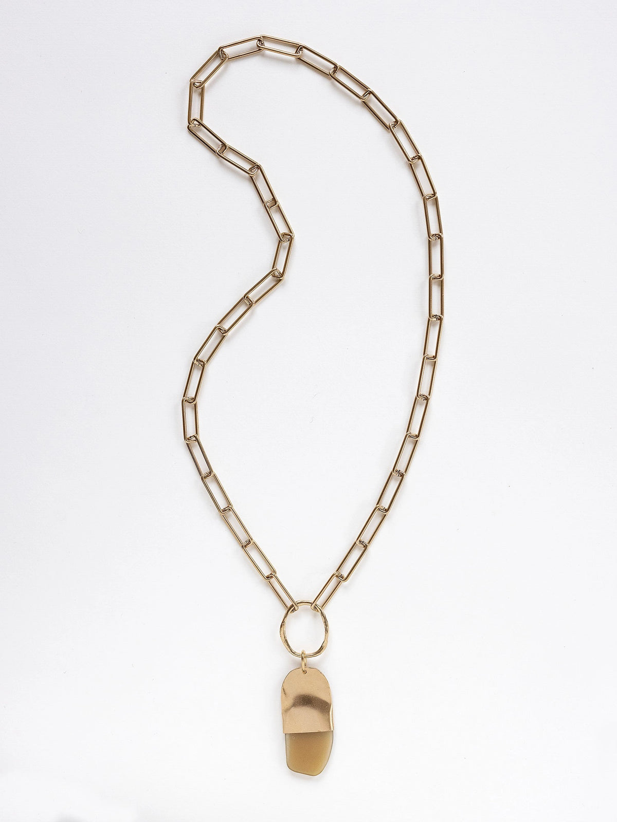 A brass chain necklace with a camel horn pendant by Michelle Ross
