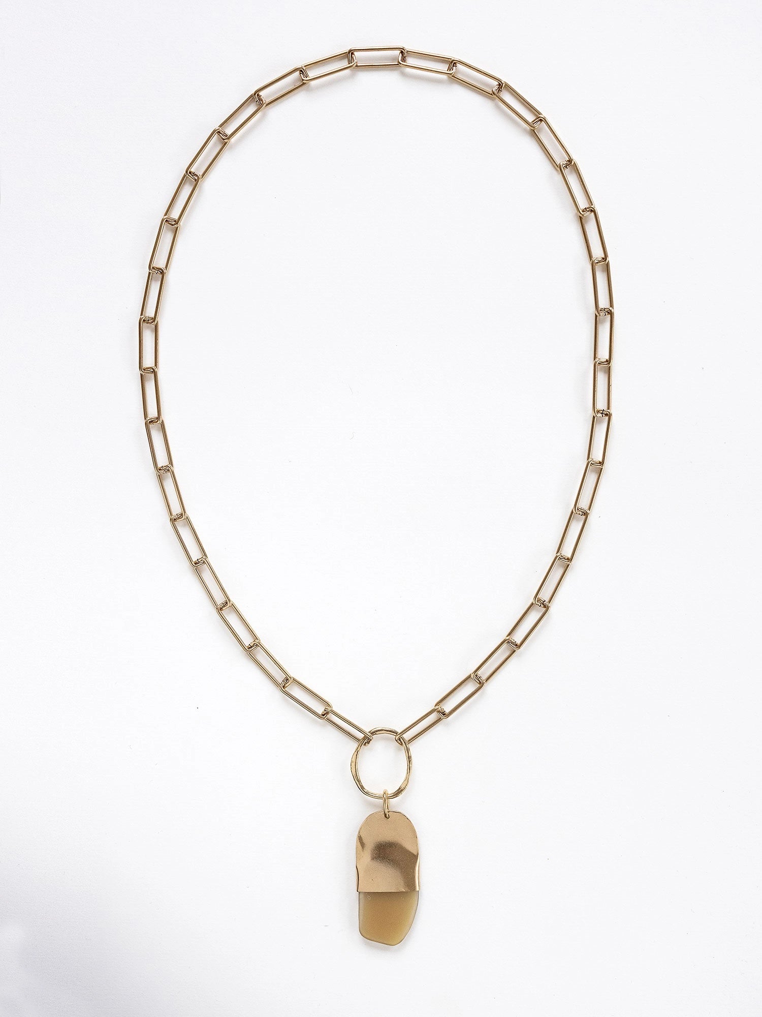 A brass chain necklace with a camel horn pendant by Michelle Ross