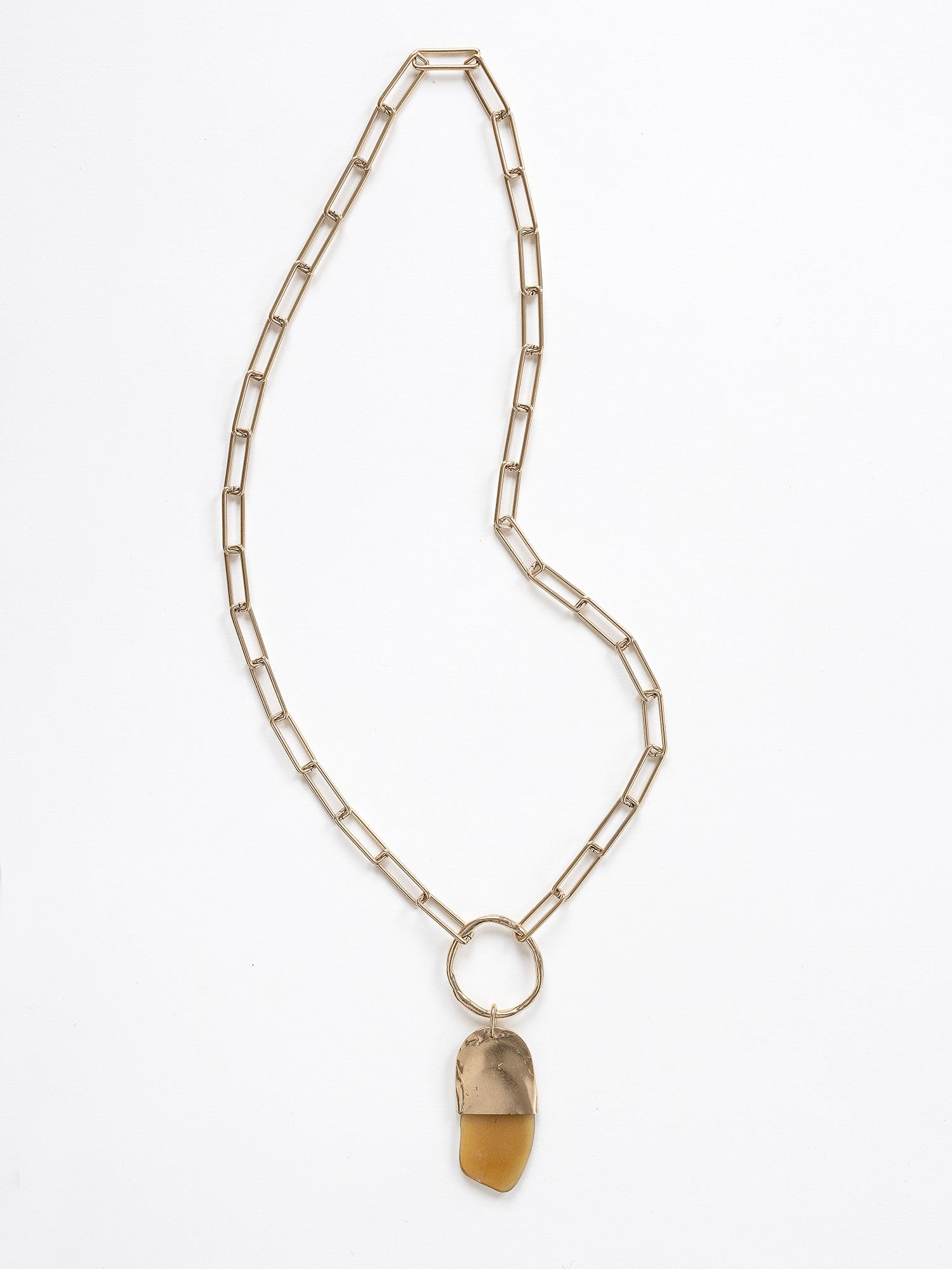 A brass chain necklace with a camel horn pendant by Michelle Ross