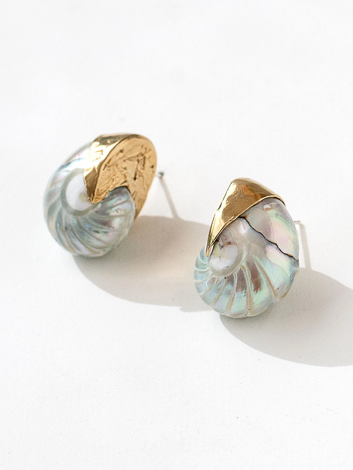 A pair of seashell and brass statement stud earrings by Canadian jewelry designer Michelle Ross