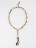Brass chain link lariat necklace with a large horn pendant by Michelle Ross