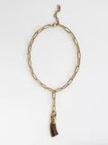 Brass chain link lariat necklace with a large camel horn pendant by Michelle Ross