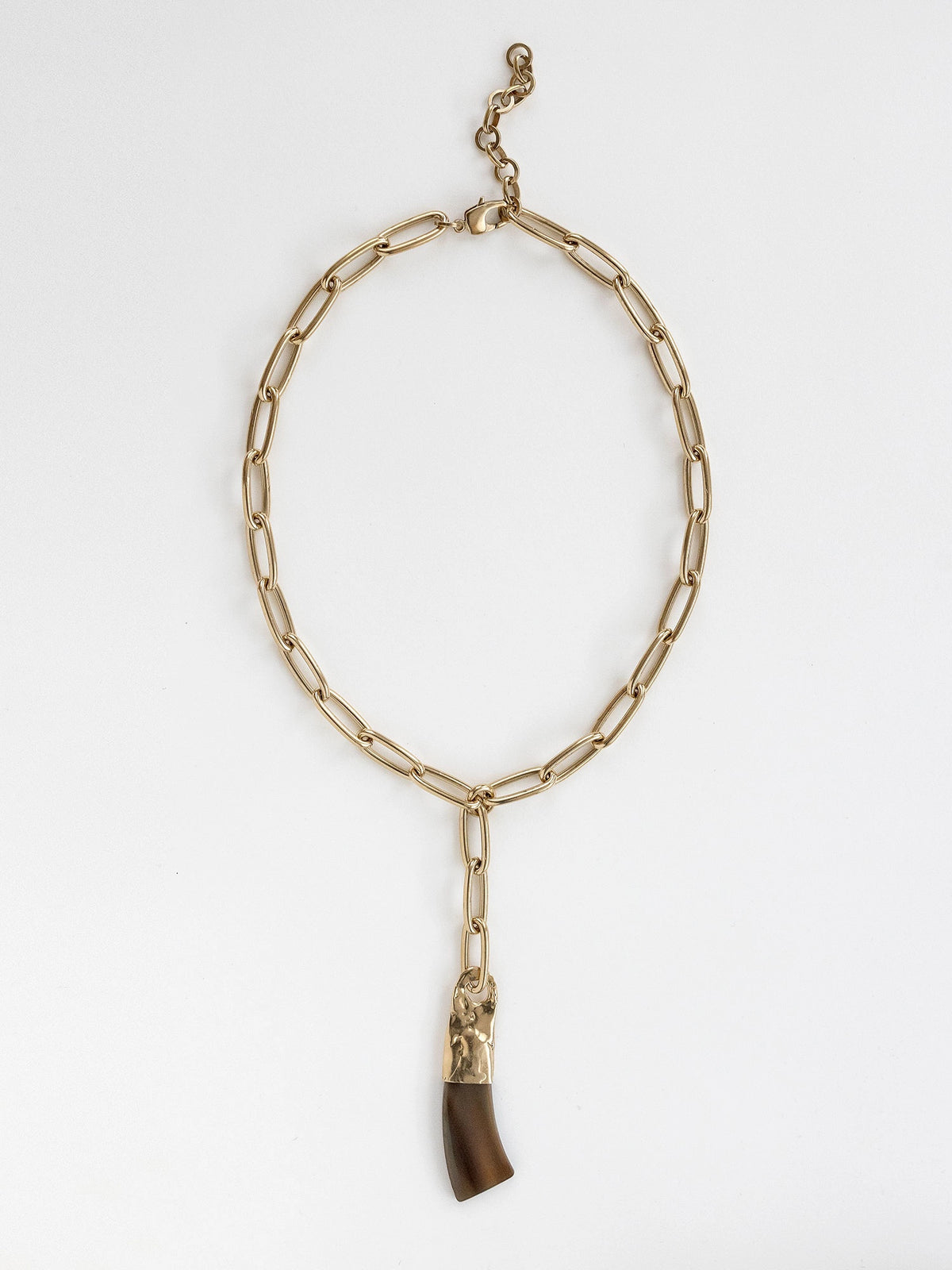 Brass chain link lariat necklace with a large camel horn pendant by Michelle Ross
