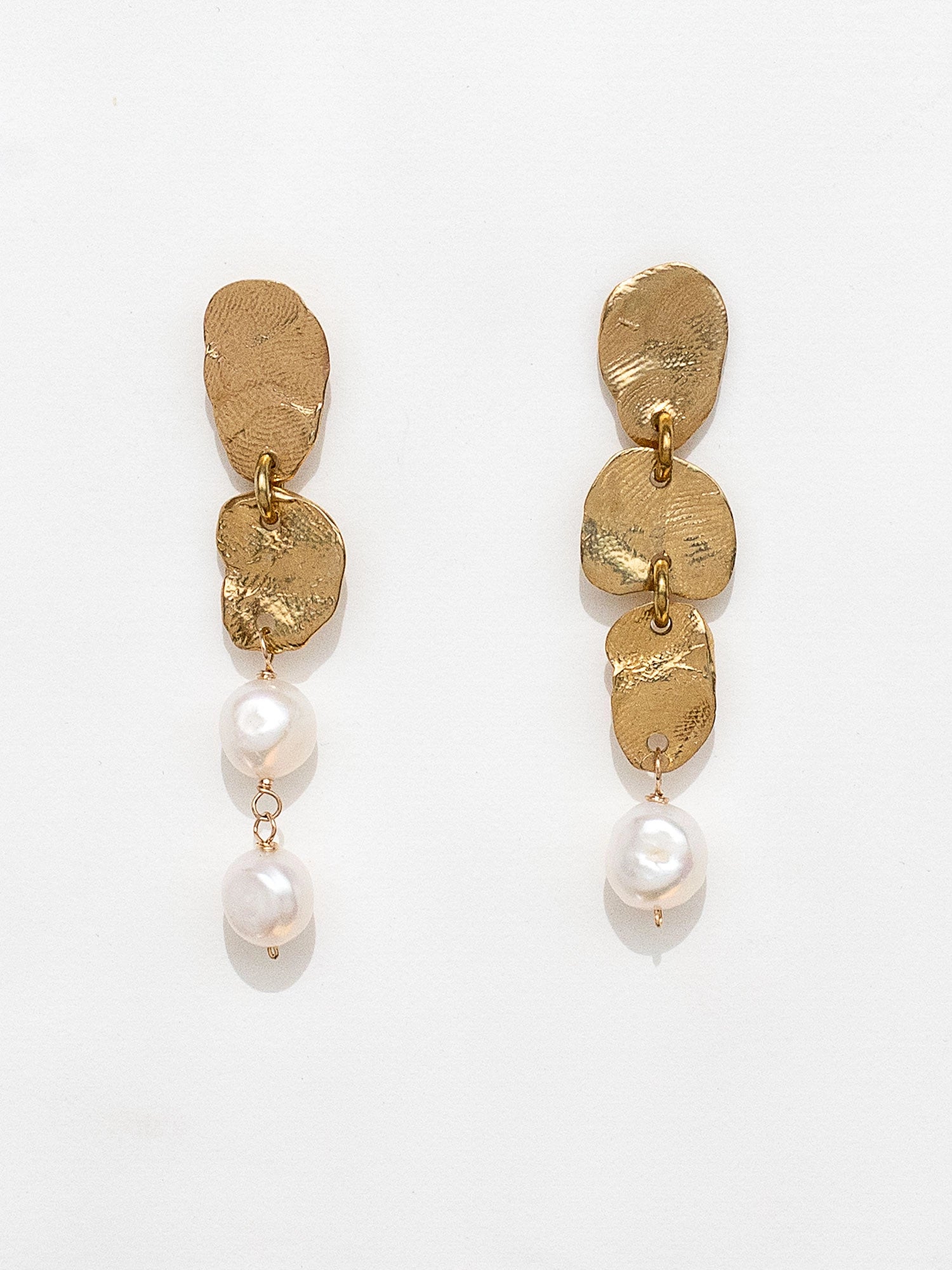 Gold brass and pearl drop dangly earrings  by Michelle Ross