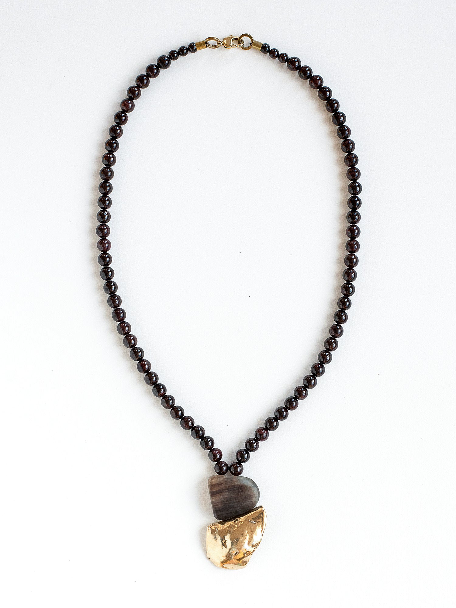 Rian Garnet Beaded Long Necklace with Brass & Horn Pendant by Michelle Ross