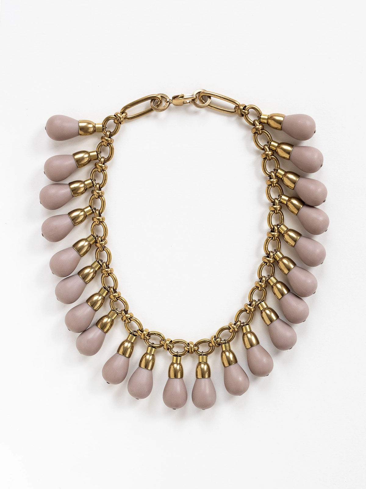 Necklace with mauve teardrop resin pendants and bras chain by Michelle Ross