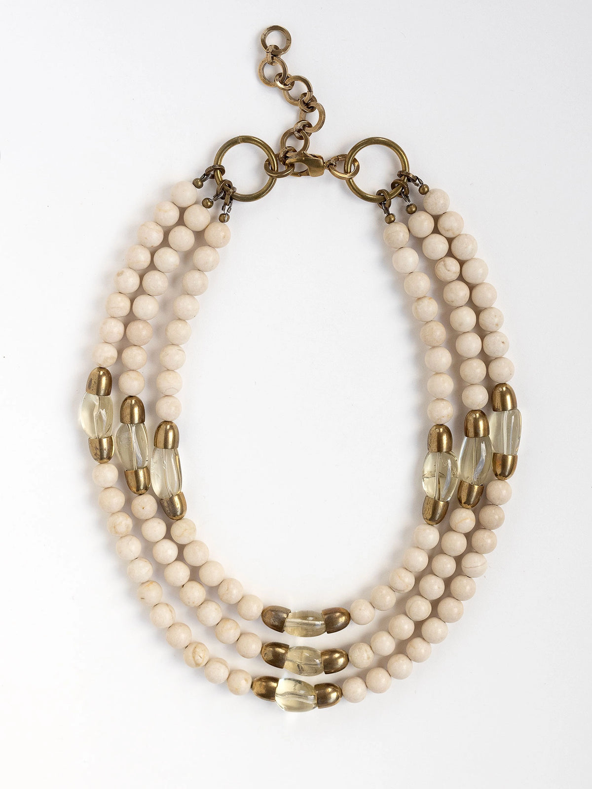 Multistrand necklace with cream riverstone and lemon quartz beads and gold brass accents by Michelle Ross