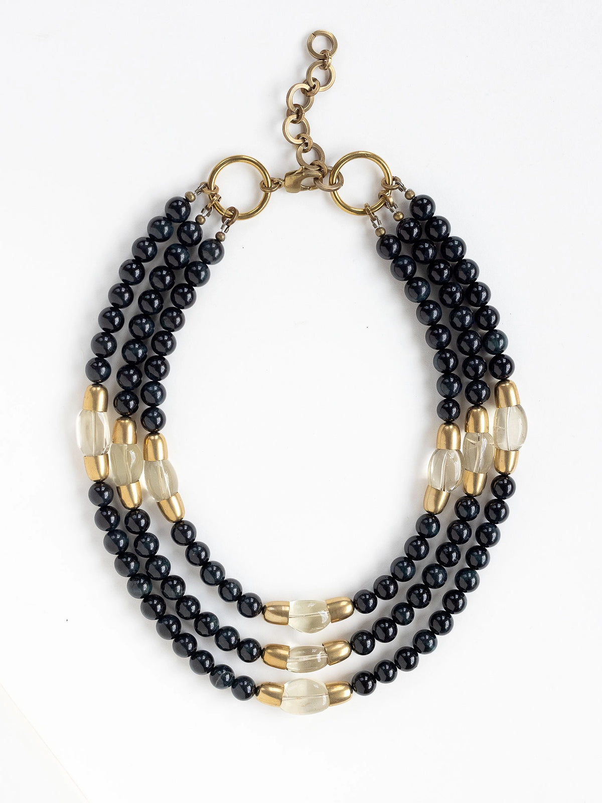 Multistrand necklace with blue tigers eye and lemon quartz beads and gold brass accents by Michelle Ross