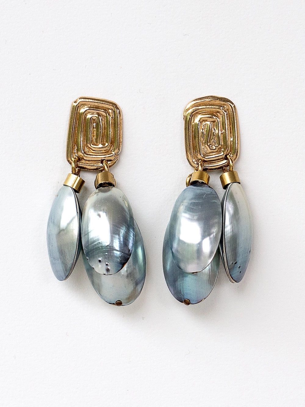 Michelle Ross Mauray Collection Sebella Blue Mother of Pearl and Brass Statement Earrings