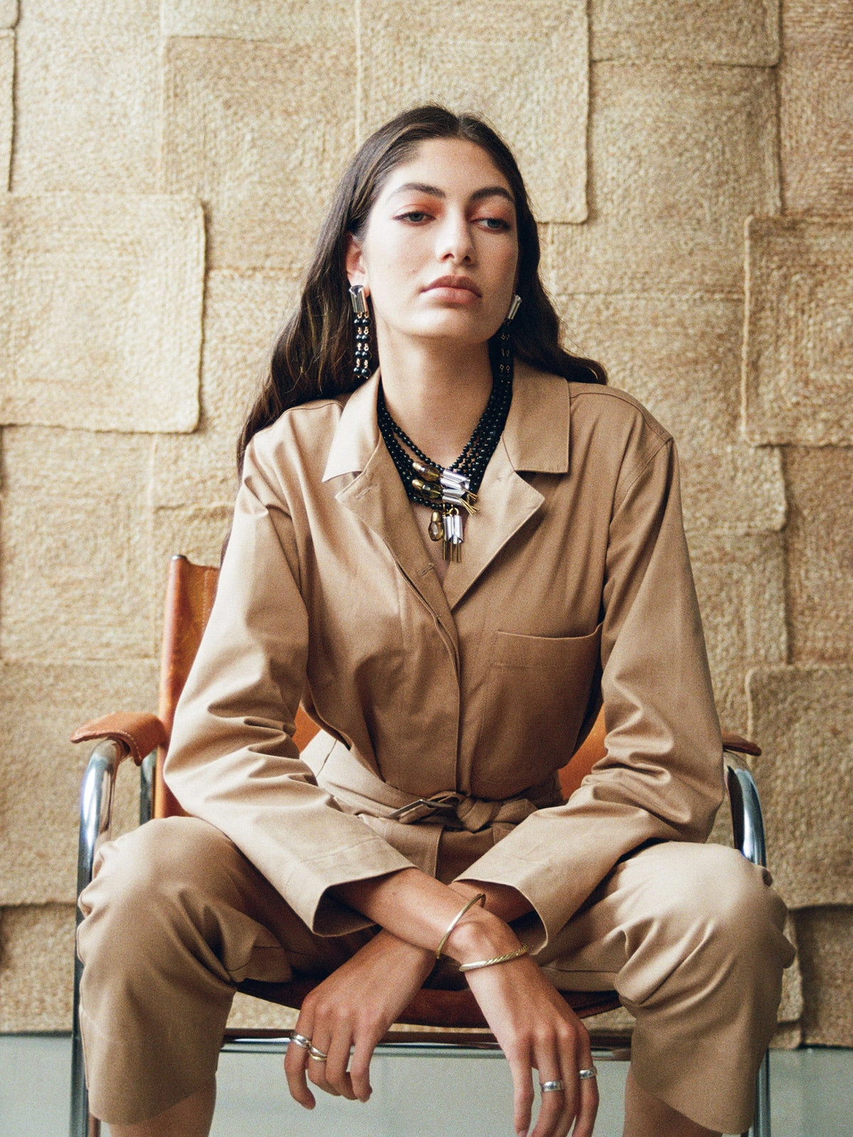 Sofra Brass, Blue Tigers Eye, Lemon Quartz and Rhodium Necklace Michelle Ross