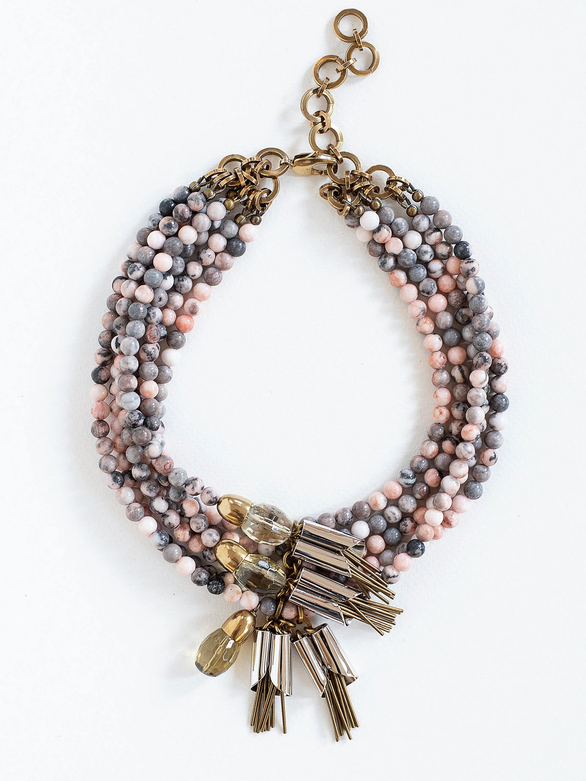 Sofra Pink Zebra Jasper, Brass, Lemon Quartz and Rhodium Statement Necklace Michelle Ross