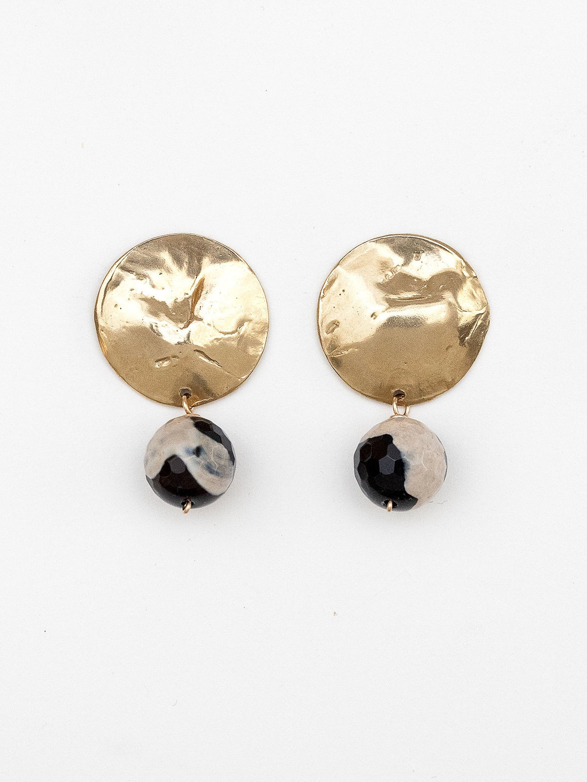 statement brass earrings with a marbled agate bead drop by Michlle Ross