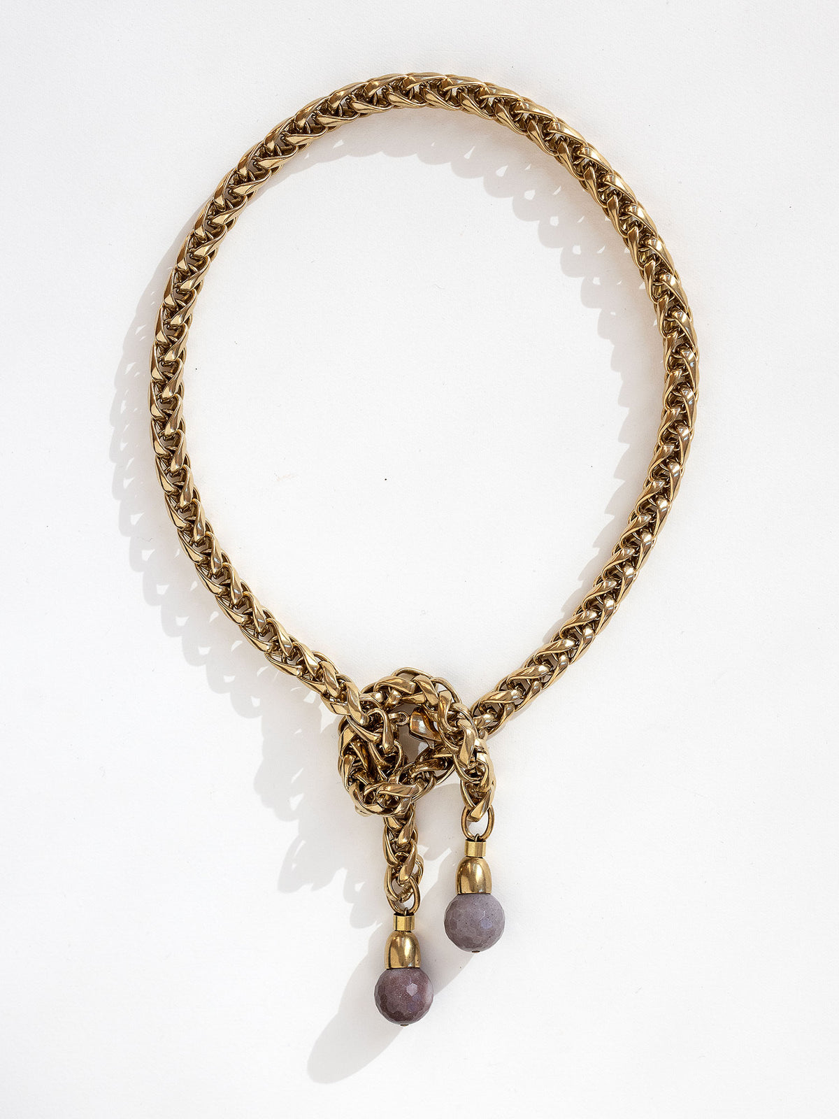 Brass braided chain lariat necklace with purple aventurine beads. by Michelle Ross