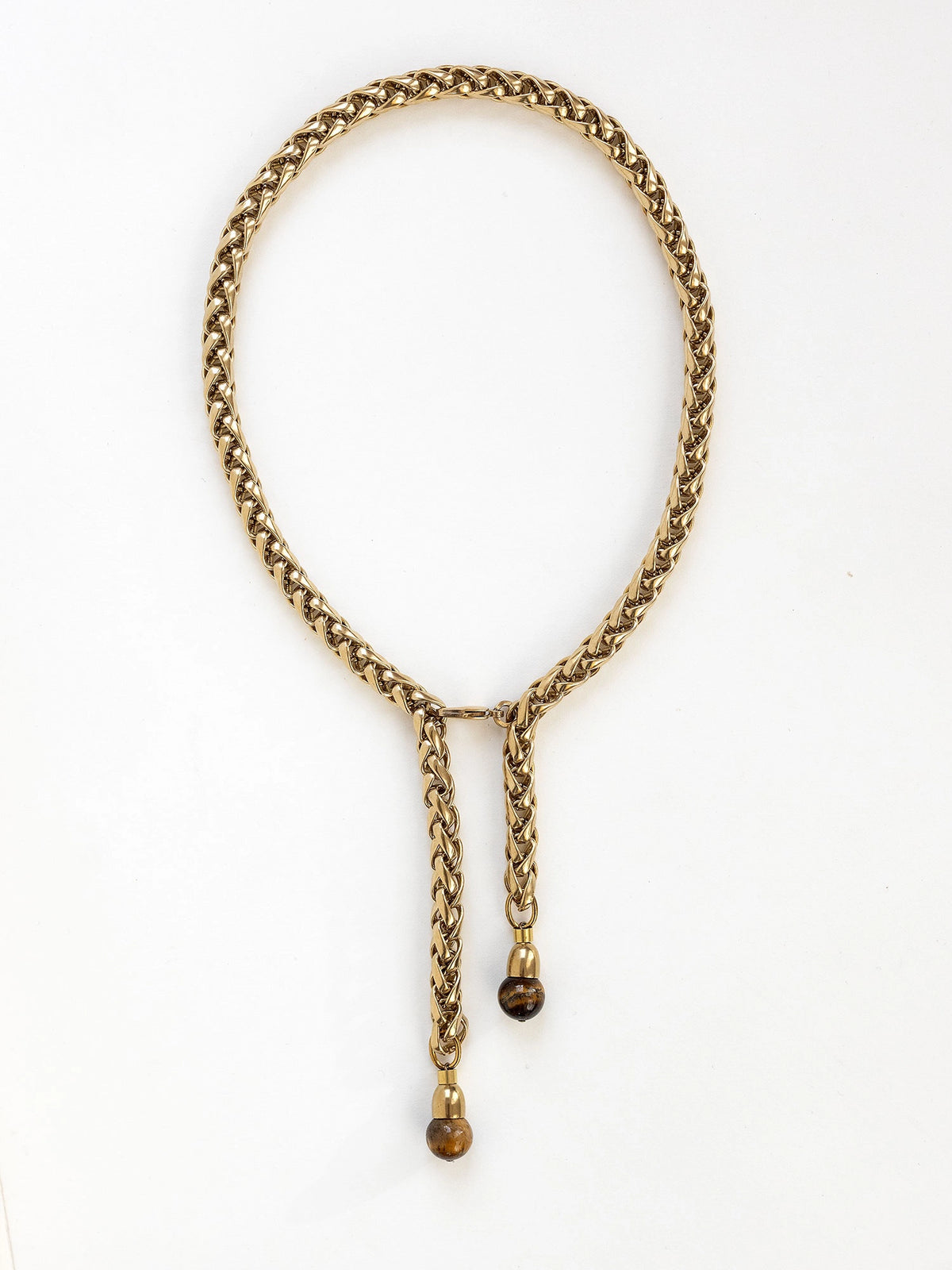 Brass Braided Chain Lariat Style Necklace with Tiger Eye Detail by Michelle Ross