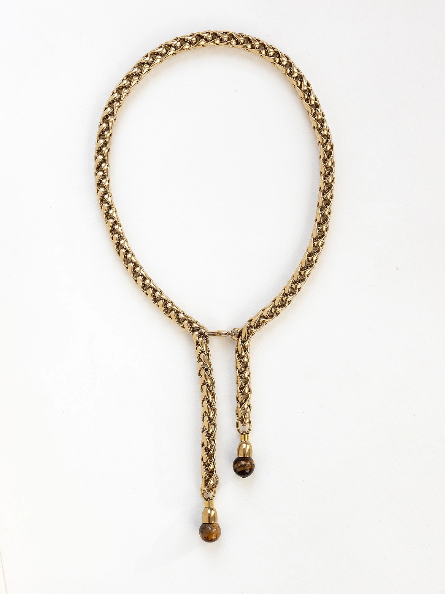 Brass Braided Chain Lariat Style Necklace with Tiger Eye Detail by Michelle Ross