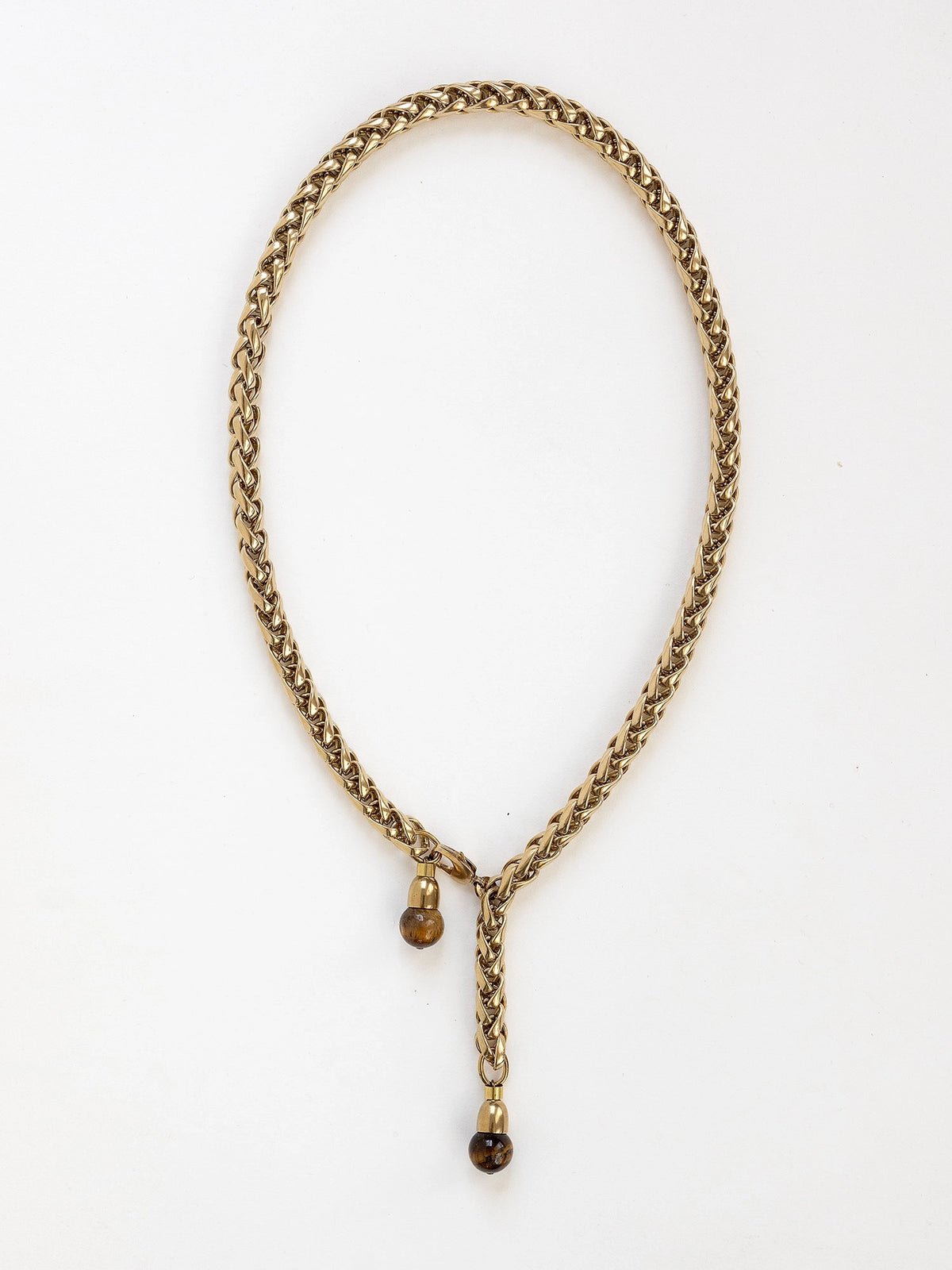 Brass Braided Chain Lariat Style Necklace with Tiger Eye Detail by Michelle Ross