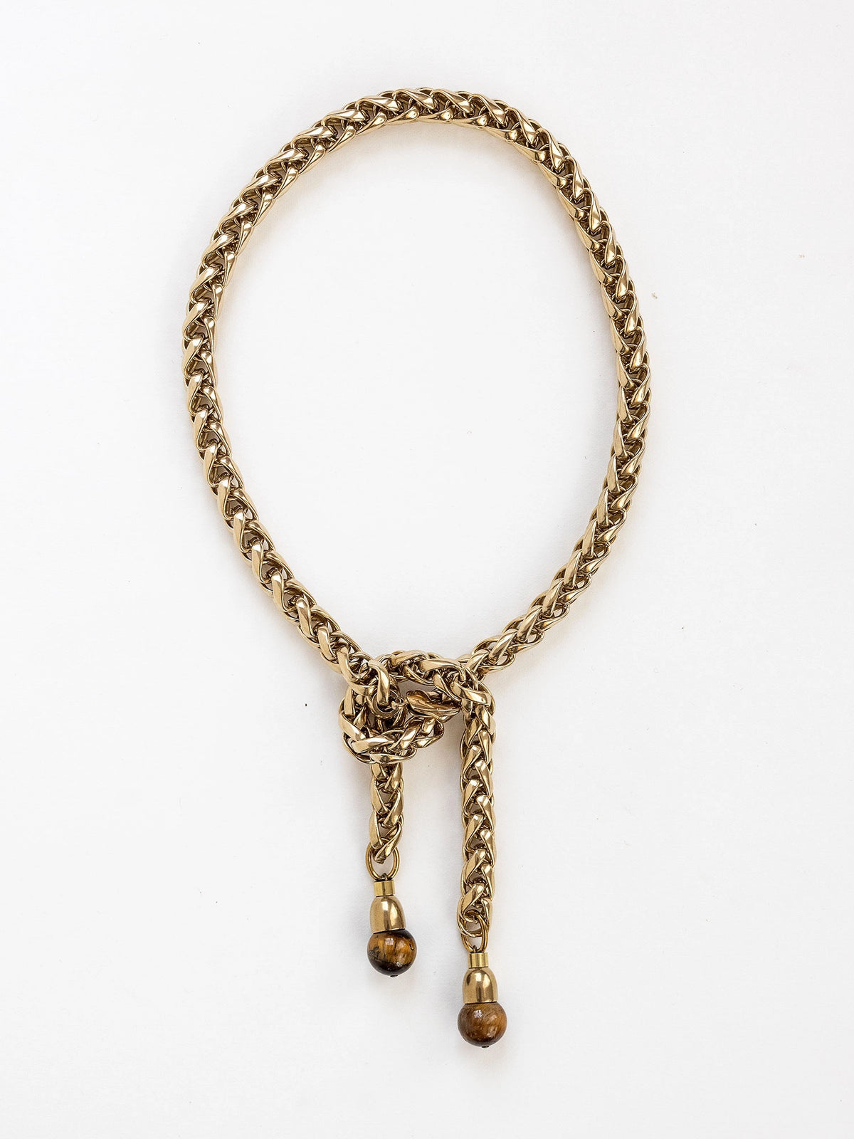 Brass Braided Chain Lariat Style Necklace with Tiger Eye Detail by Michelle Ross