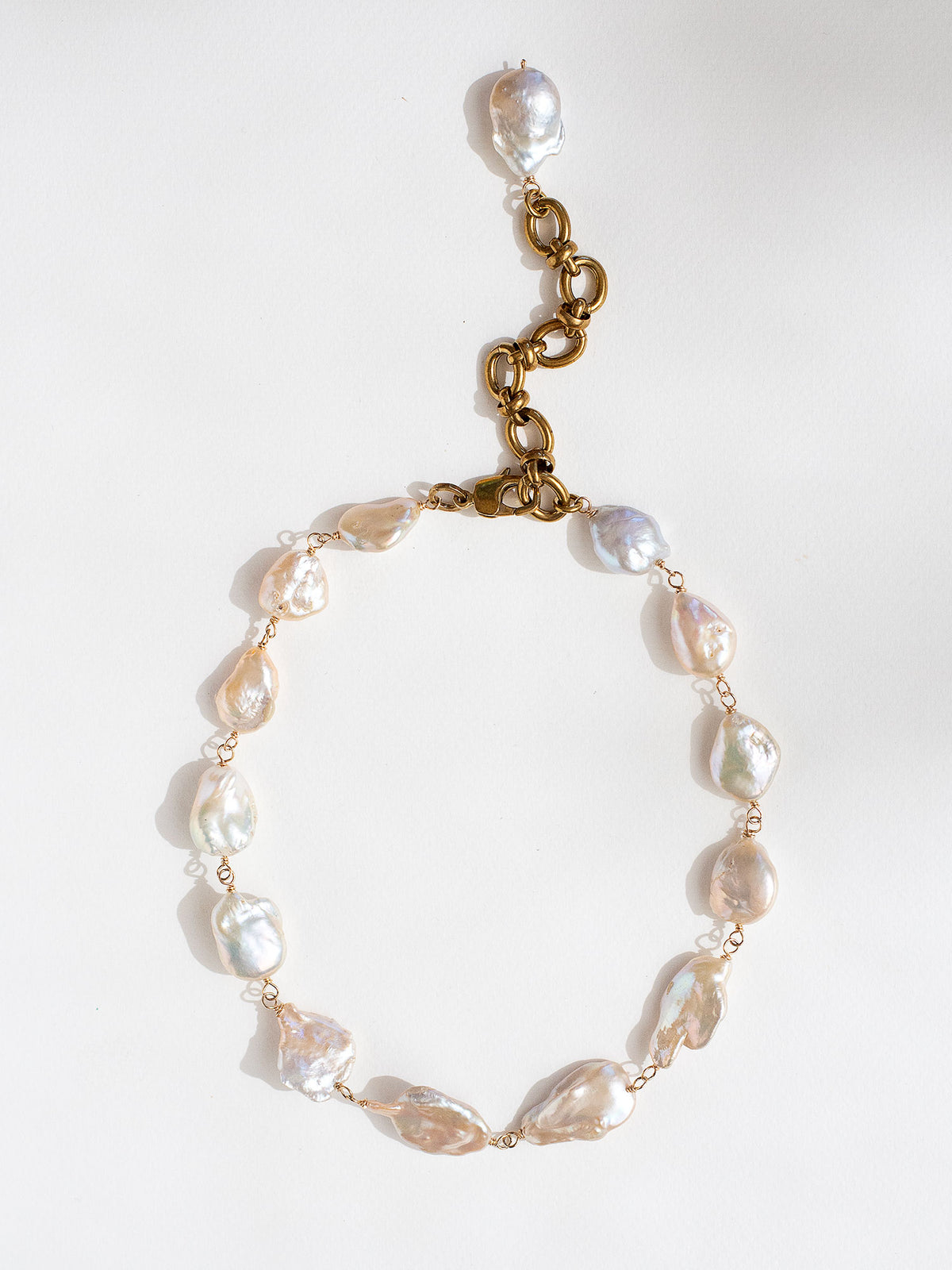 Freshwater keshi pearl beaded necklace with brass details by Michelle Ross