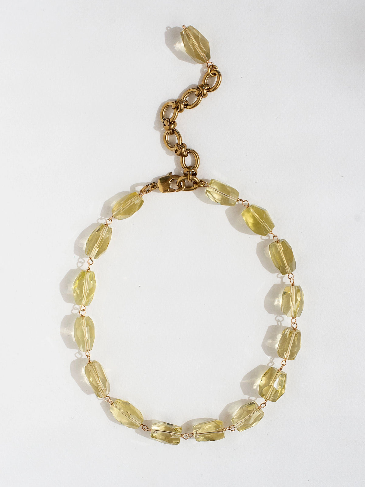 a lemon quartz beaded and brass necklace by Toronto designer Michelle Ross
