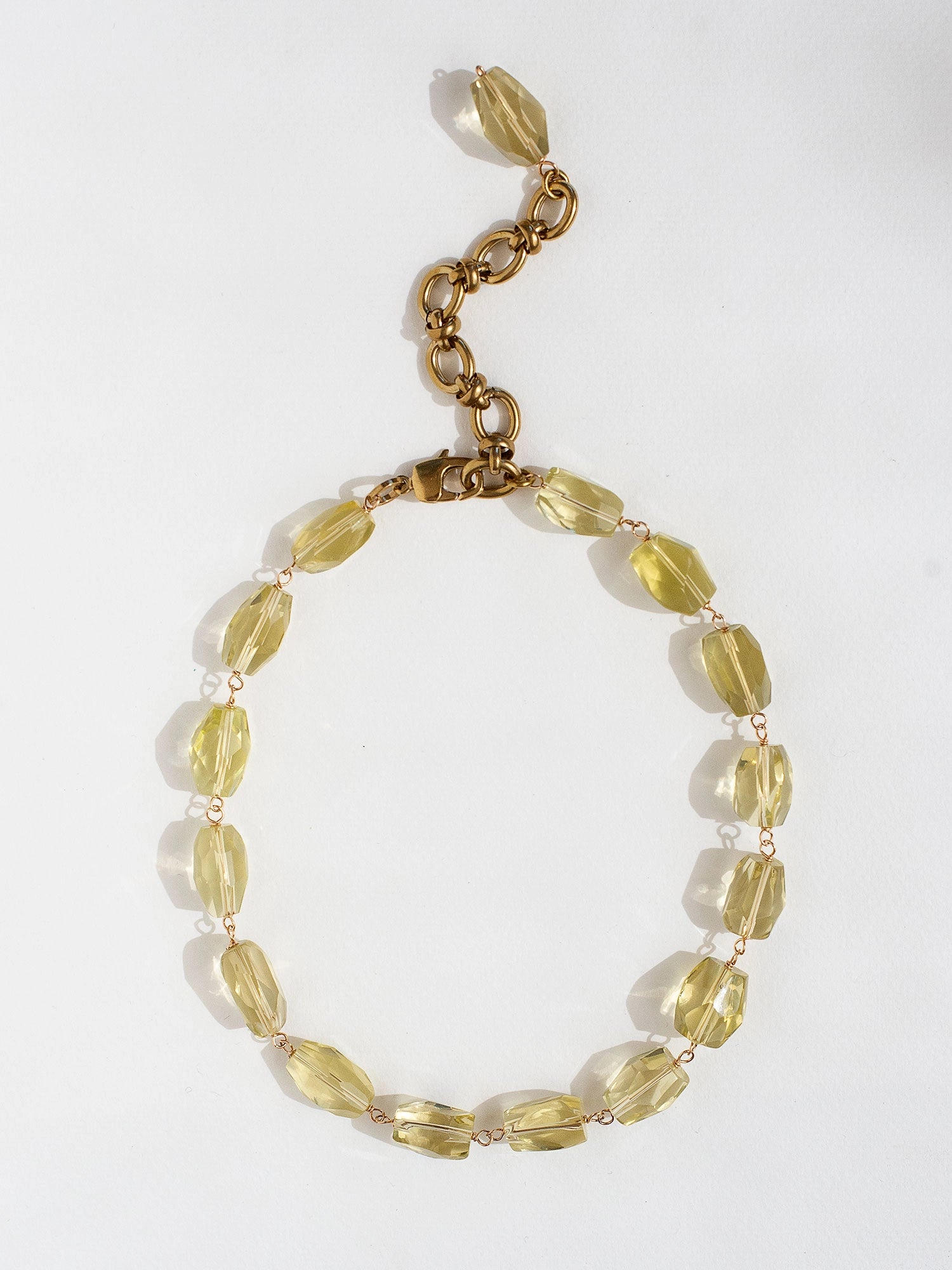 a lemon quartz beaded and brass necklace by Toronto designer Michelle Ross