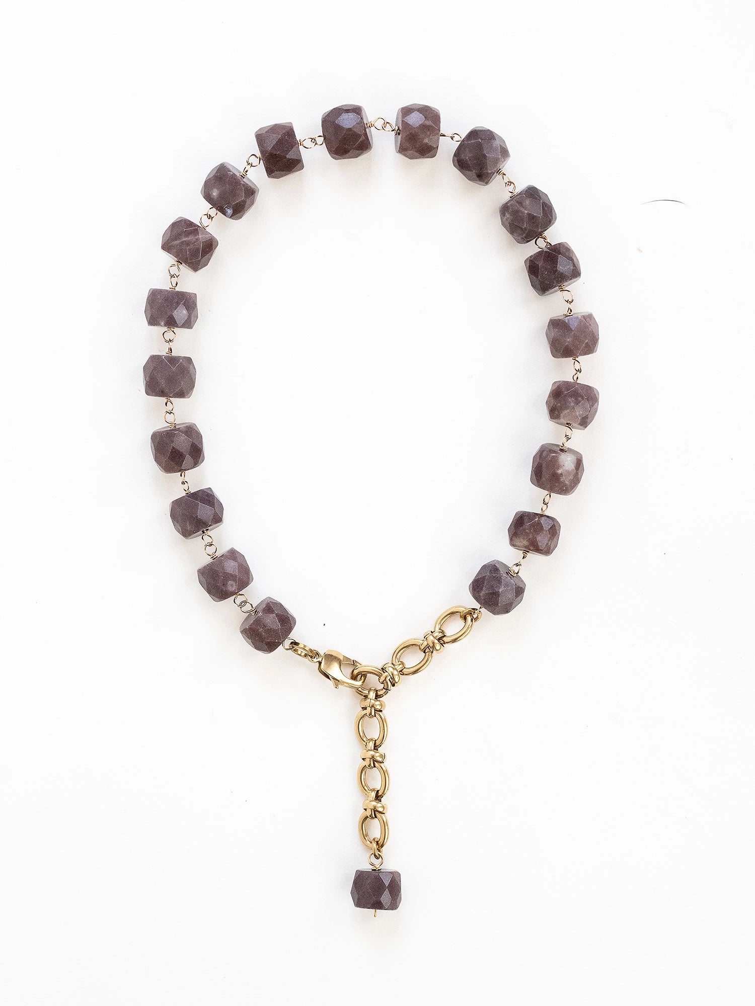 A brass and beaded chain necklace with purple aventurine by Michelle Ross